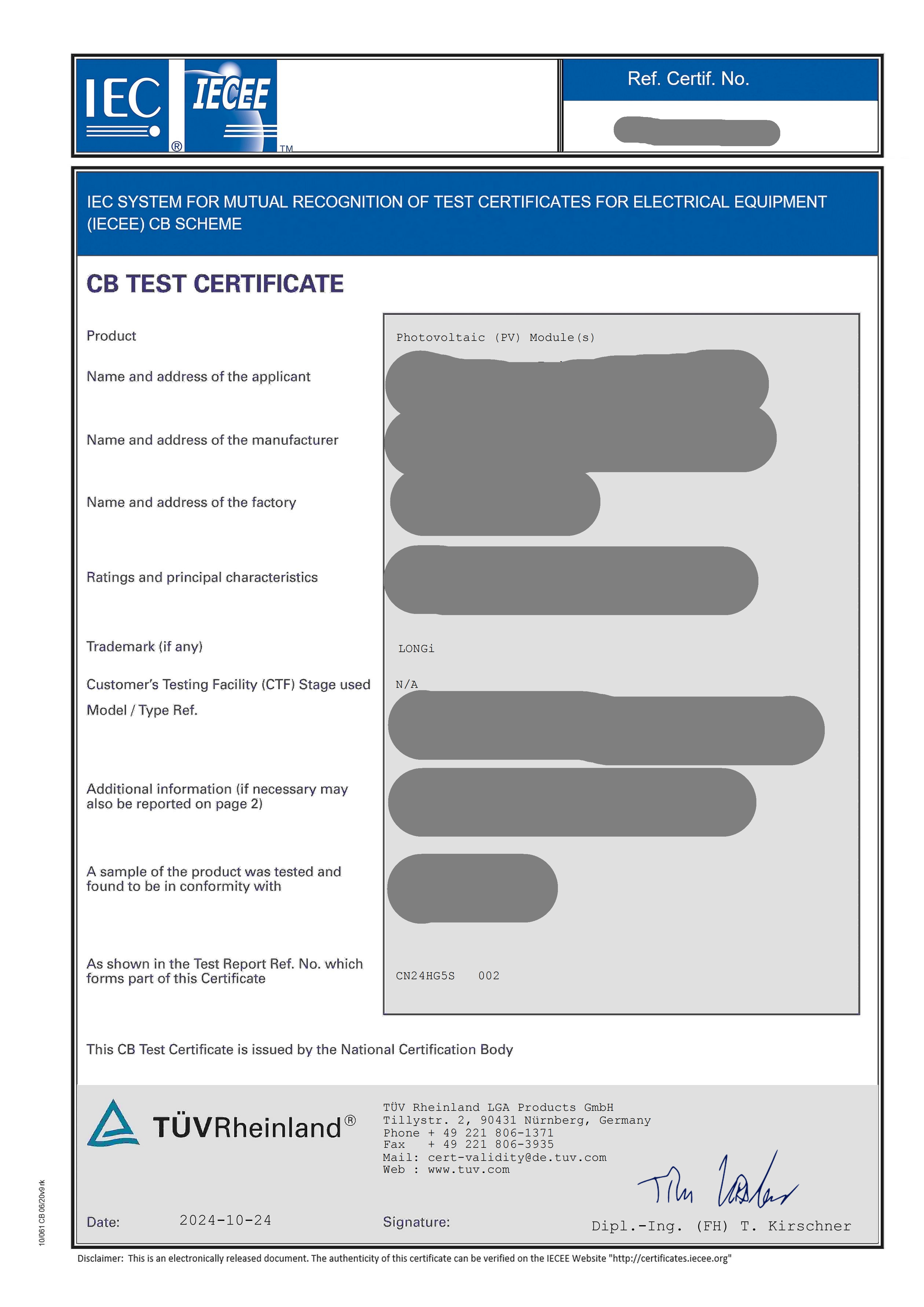 CB Test Certificate Sample