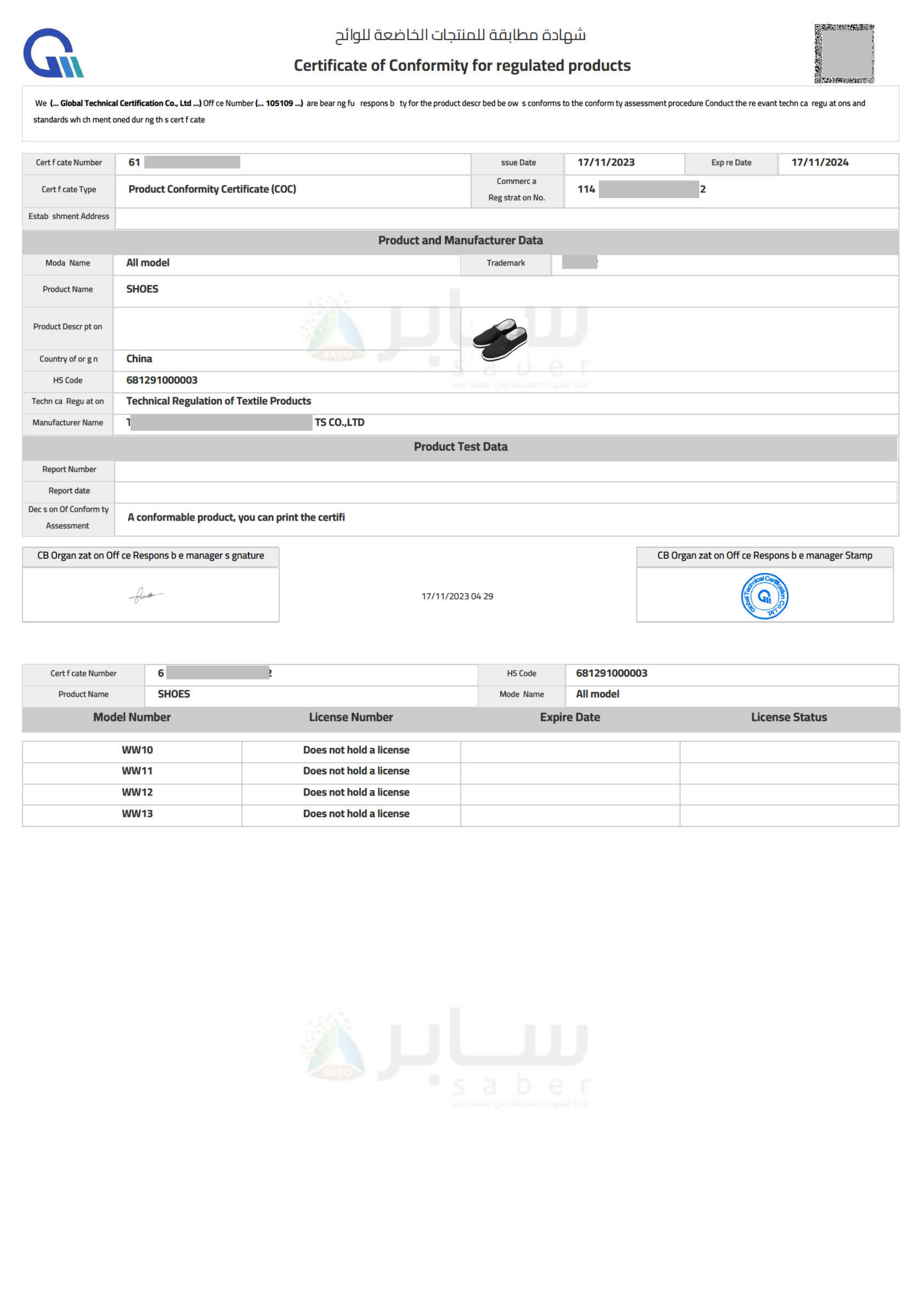 SABER PC Certificate Sample
